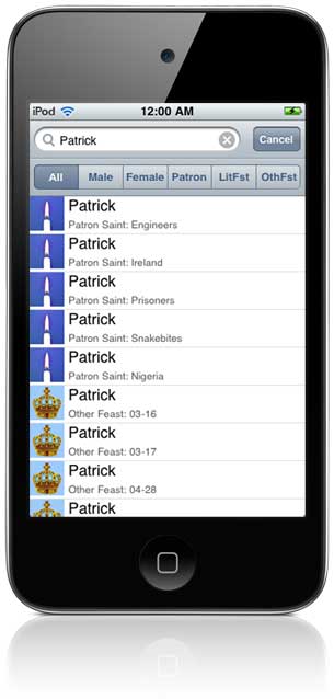 Saints4U Sample Screen (In App, Tap Row To View Details)