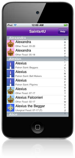Saints4U Sample Screen (In App, Tap Row To View Details)