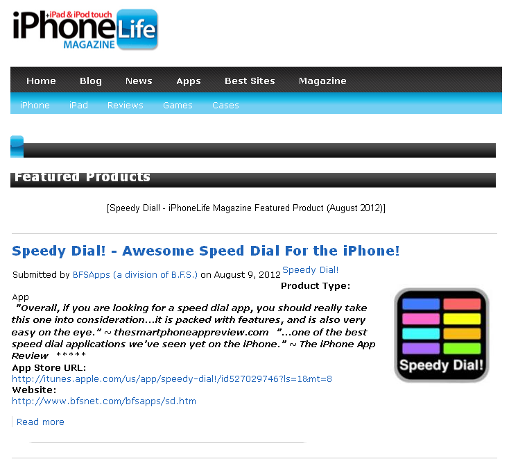 Speedy Dial! - iPhone Life Magazine Featured Product (August, 2012)